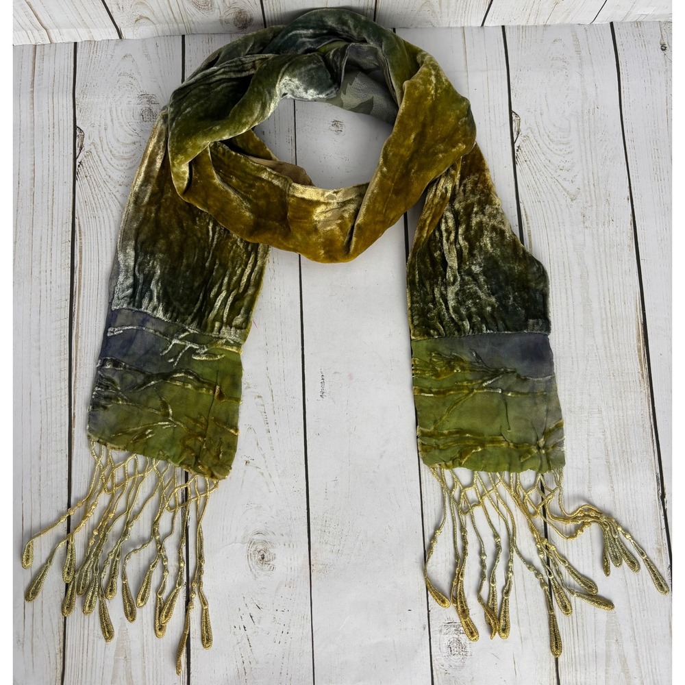 Vintage Green Gold Crushed Burnout Velvet Scarf Lace Fringe Boho Glam 2753